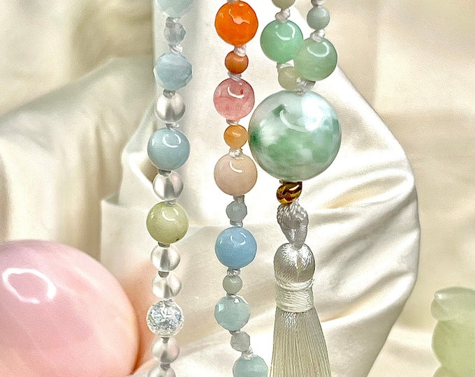 Semi-precious stone necklace, freshwater pearls, aquamarine… "GREEN EARTH" 58 cm