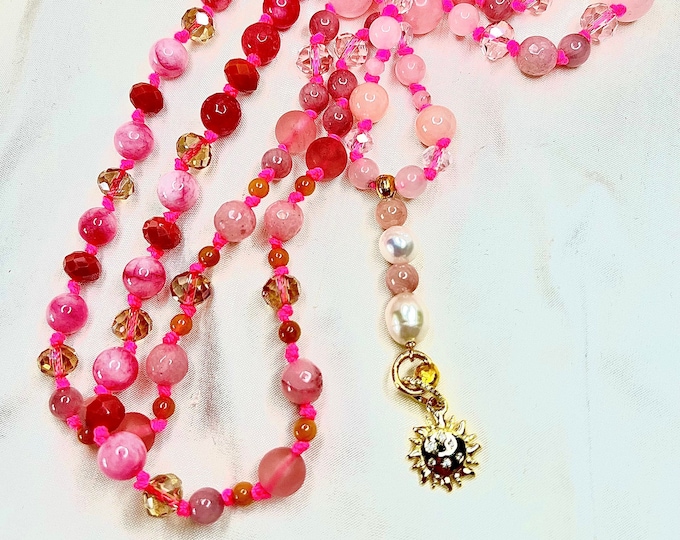 Pearl necklace semi-precious stone necklace Mala 108 beads 925 silver golden sun "the SUN is SHINING…" 54 cm