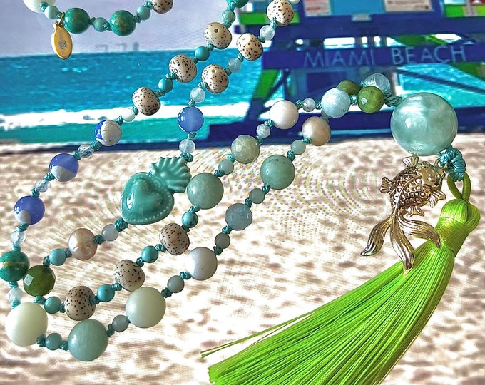 AGATE BEAD NECKLACE | Healing Stone Mala | Mala Bead Necklace | Crystal Bead Necklace | Semi-Precious Chunky Stone Beads Mala Necklace