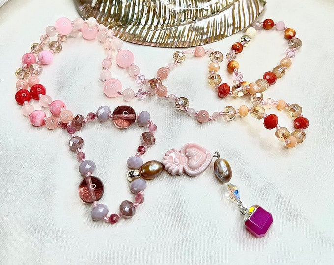Pearl necklace semi-precious stone necklace Mala "LOVELY HEART" 50 cm