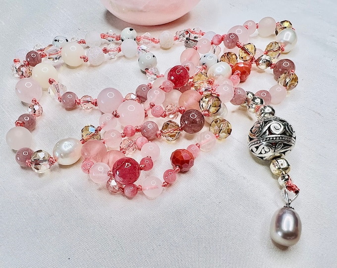 Pearl necklace semi-precious stone necklace with freshwater pearl "PEARL & BALL" 52 cm