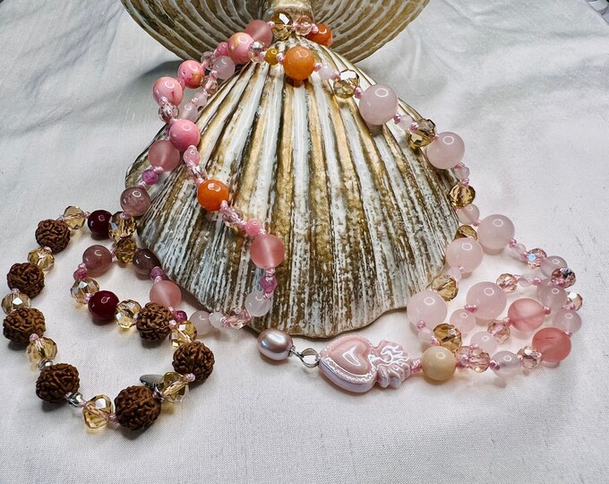 Pearl necklace semi-precious stone necklace "PINK burning HEART" 51 cm