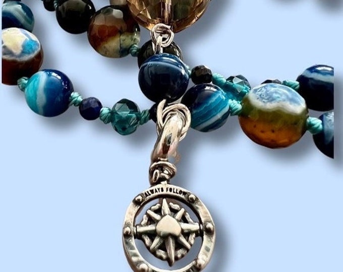 GEMS MALA NECKLACE | Silver Pendant Mala | Artisan Mala Jewelry | Sailer Love Necklace | Ethical Energy-Charged Aquamarine Gemstone Necklace