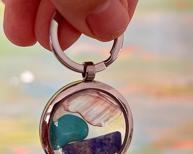 Keychain • Bag pendant with floating healing semi-precious stones lapis lazuli, strawberry quartz, turquoise • Rainbow Sparkles •