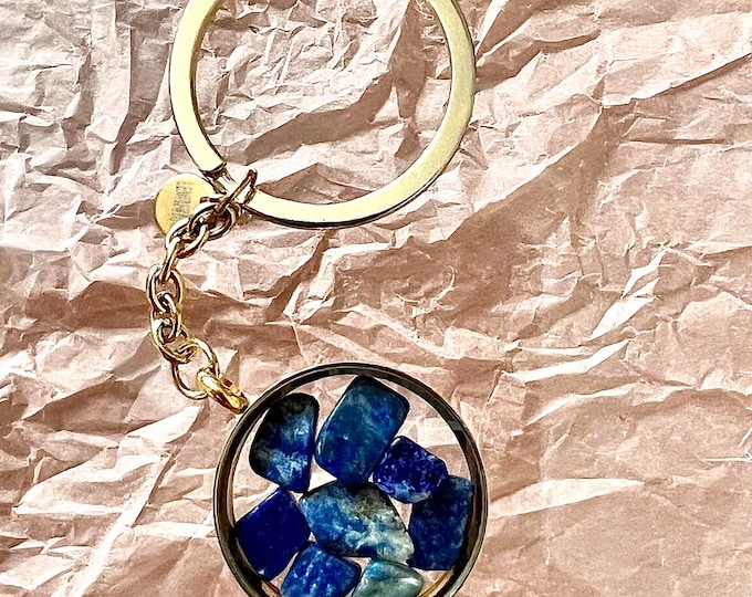 Keychain • Bag charm with floating healing semi-precious stones. Lapis lazuli …• Blue Glam •