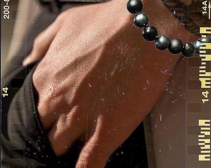 Pearl bracelet, black, semi-precious stones & freshwater pearls, lava…• Black Perl •