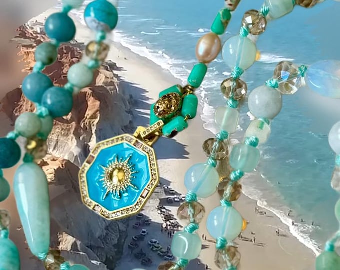 AQUAMARINE NECKLACE | Moonstone Necklace | Blue Jade Necklace | Moonstone Jewelry | Beautiful Golden Sun Amazonite Sage Cleansing Necklace