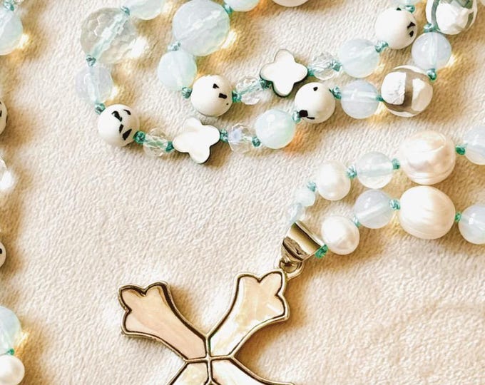 BOHO CROSS NECKLACE | Cross Of The Angles Necklace | Boho Chic Necklace | Bodhi Seed Mala | Durable Mindful Freshwater Pearls Cross Necklace
