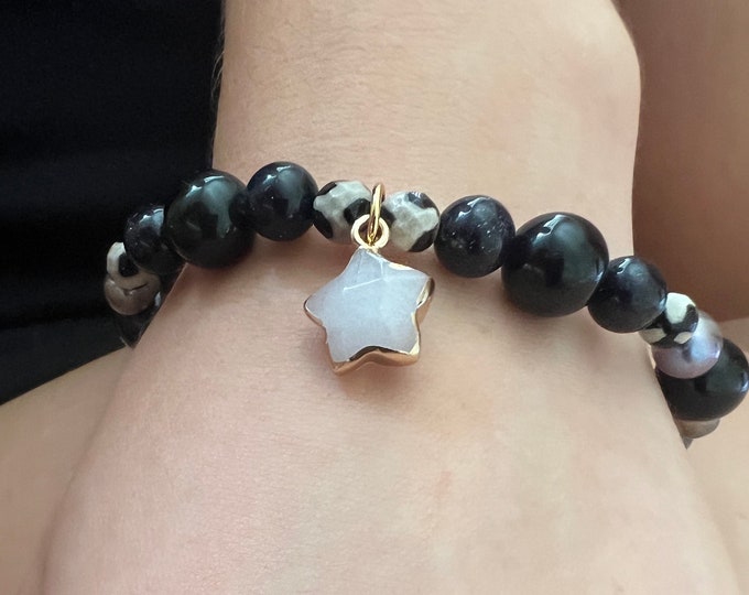 BLACK AGATE BRACELET | Shiningstar Bracelet | Gold Flow Bracelet | Black Pearl Bracelet | Beautiful Black Onyx Freshwater Pearl Bracelet