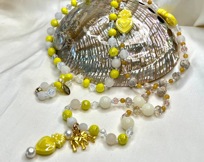 Semi-precious stone necklace, crystal and bodhisattva beads with ceramic hearts "SUNNY ELEFANT" 51 cm