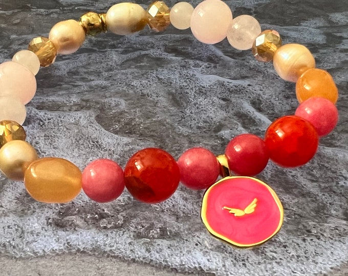 Pearl bracelet, semi-precious stones & freshwater pearls, agate, rose quartz …• AngleWings •