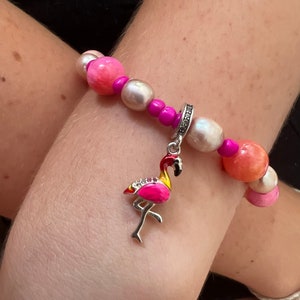 Pearl bracelet, semi-precious stones ..agate, freshwater pearl, 925 silver pendant … • FlamingoLove •