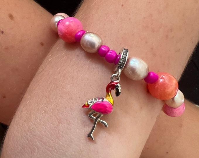 Pearl bracelet, semi-precious stones ..agate, freshwater pearl, 925 silver pendant … • FlamingoLove •