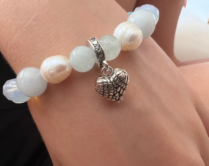 Pearl bracelet, semi-precious stones & 925 silver, freshwater pearls, aquamarine, larimar, white opal…• FlyingHeart •