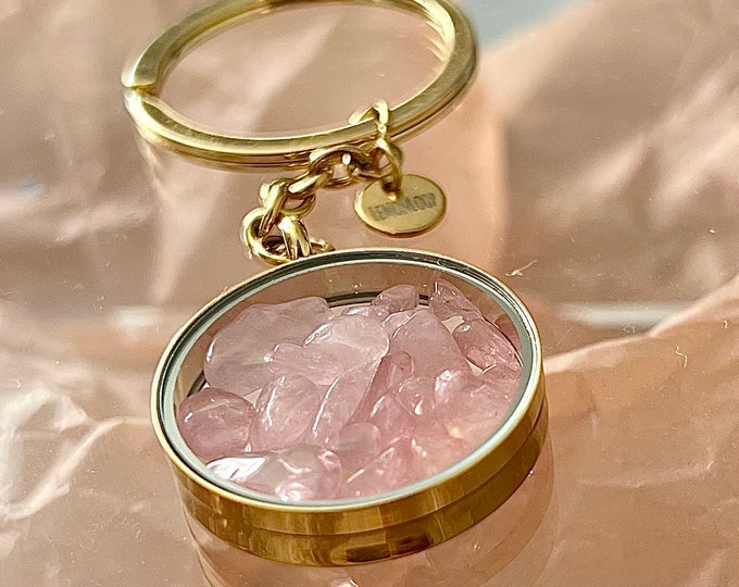 Keychain • Bag pendant with floating healing semi-precious stones rose quartz…• Emotional Rose •