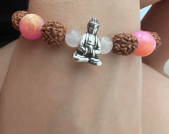 Beaded Bracelet, Semi-Precious Stones...Rose Quartz, Rudrashka, Agate, 925 Silver Buddha Pendant... • HolyBuddha •