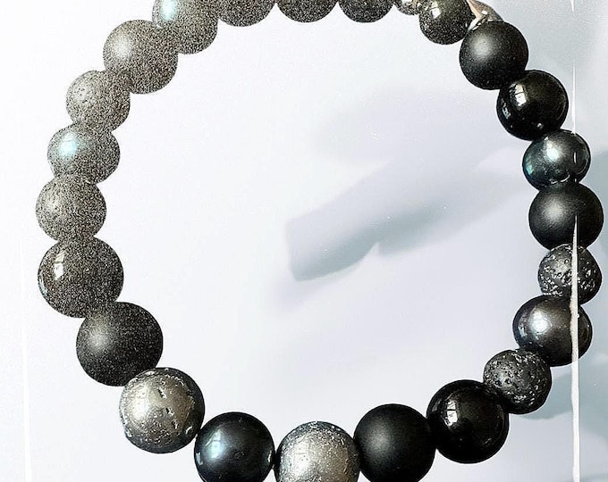 Pearl bracelet, black, semi-precious stones & freshwater pearls, lava…• Black Universe •