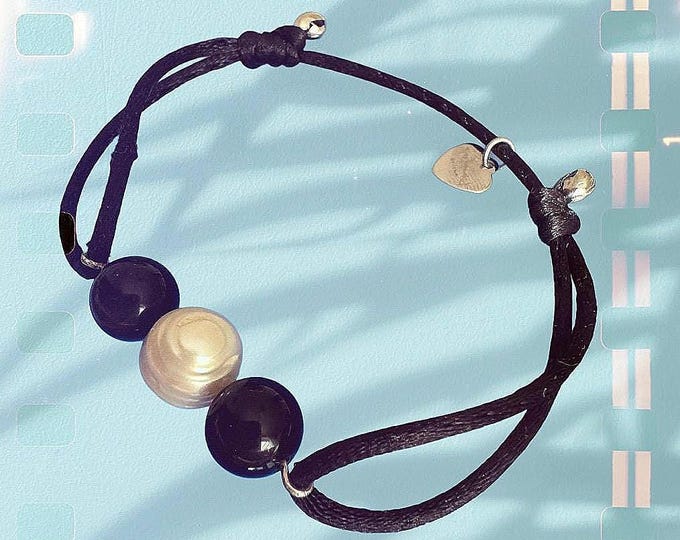 Pearl sliding bracelet, black obsidian and freshwater pearl…• Night & Day •