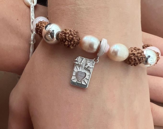 Beaded Bracelet, Semi-Precious Stones...Rose Quartz, Rudrashka, 925 Silver Tarot Pendant... • Lovers •