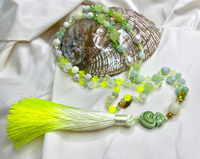 Semi-precious stone necklace pearl necklace Mala 108 beads "LUCKY HEART" 60 cm