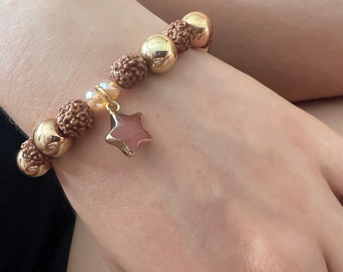 Beaded Bracelet, Semiprecious Stones & Rudrashka Beads, Cherry Quartz…• TwinkleStar •