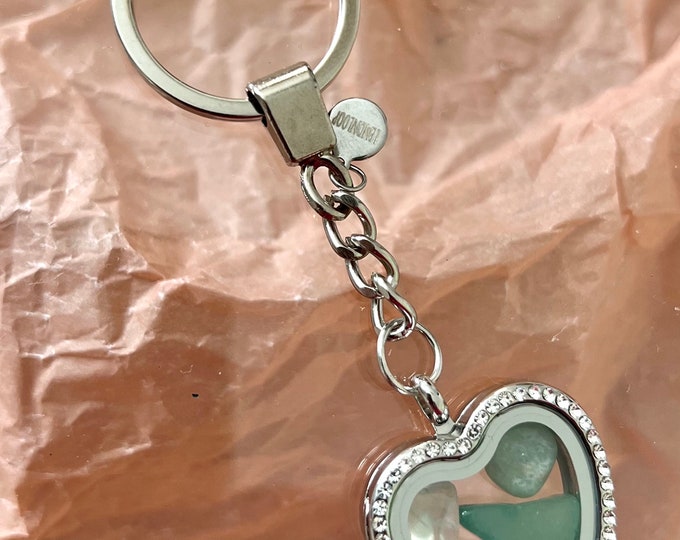 Keychain • Bag charm with floating healing semi-precious stones. Magnetic window closure…• Heart of Stones •