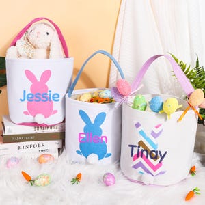 Personalized Easter Basket,Bunny Baskets for Kids,Embroidered Easter Basket,  Kids Egg Hunt Bags,Boys Girls Easter Bucket,  Easter Gifts