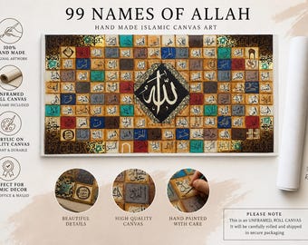 Handgefertigtes Leinwandbild mit den 99 Namen Allahs | Asma ul husna, islamische Wandkunst mit Blattgold (ungerahmt)