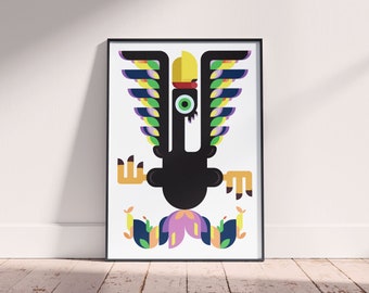 Essayez Kinda Peacock Fly Illustration, Téléchargement numérique dans un style de minimalisme créatif audacieux, Impressions d'art animal géométrique