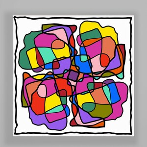 May include: Abstract art print featuring a colorful, geometric design. The artwork showcases a vibrant arrangement of overlapping shapes in shades of yellow, pink, red, green, and purple, outlined in black. The piece is set against a white background with a black border.