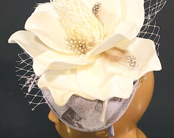 Silver Fascinator, Gray Mini Hat, Derby Hat, Gray Fascinator, White Flower Hat