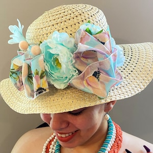 Kentucky Derby Hat, Wedding Hat, Beige Hat, Church Hat, Sun hat, Women&#39;s Sun Hat, Wide Brim Seafoam Bliss