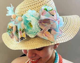 Kentucky Derby Hat, Wedding Hat, Beige Hat, Church Hat, Sun hat, Women's Sun Hat, Wide Brim Seafoam Bliss
