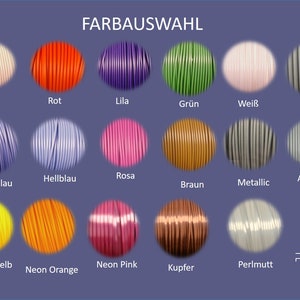 May include: A color chart showing 20 different filament colors for 3D printing. The colors include black, beige, red, purple, green, white, silver, gray, navy blue, steel blue, light blue, pink, brown, metallic, anthracite, gold, turquoise, neon yellow, neon orange, neon pink, copper, and pearlescent.