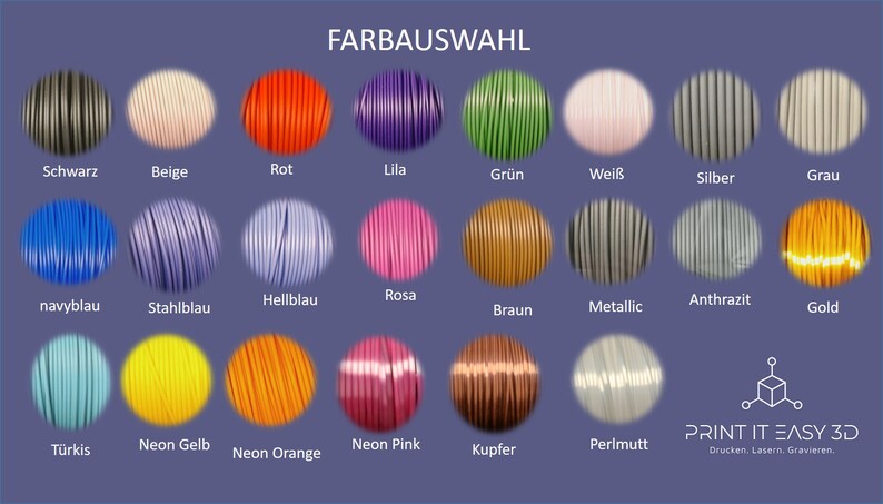 May include: A color chart showing 20 different filament colors for 3D printing. The colors include black, beige, red, purple, green, white, silver, gray, navy blue, steel blue, light blue, pink, brown, metallic, anthracite, gold, turquoise, neon yellow, neon orange, neon pink, copper, and pearlescent.