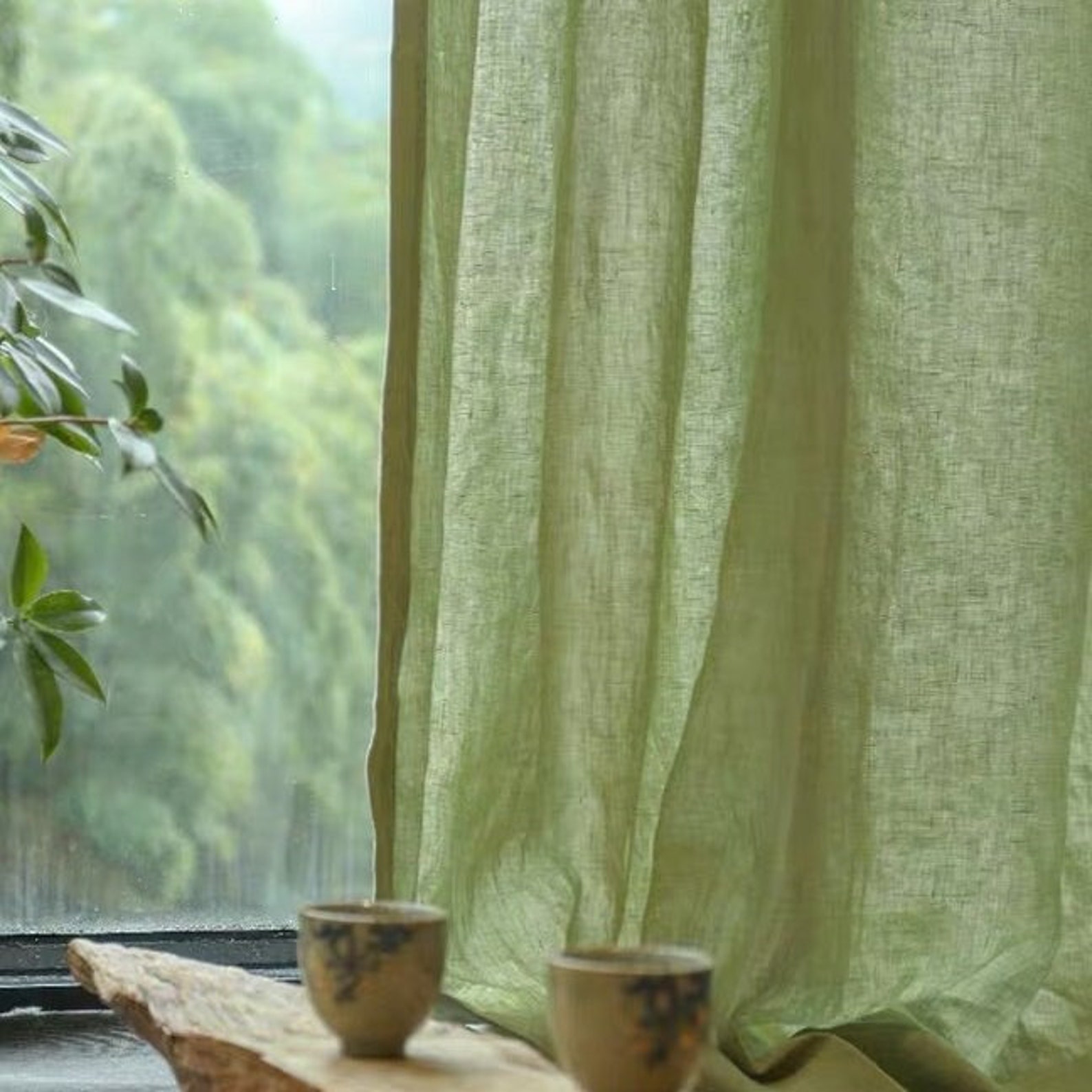 Green Japandi Linen Curtain Long Japandi Minimalism Etsy