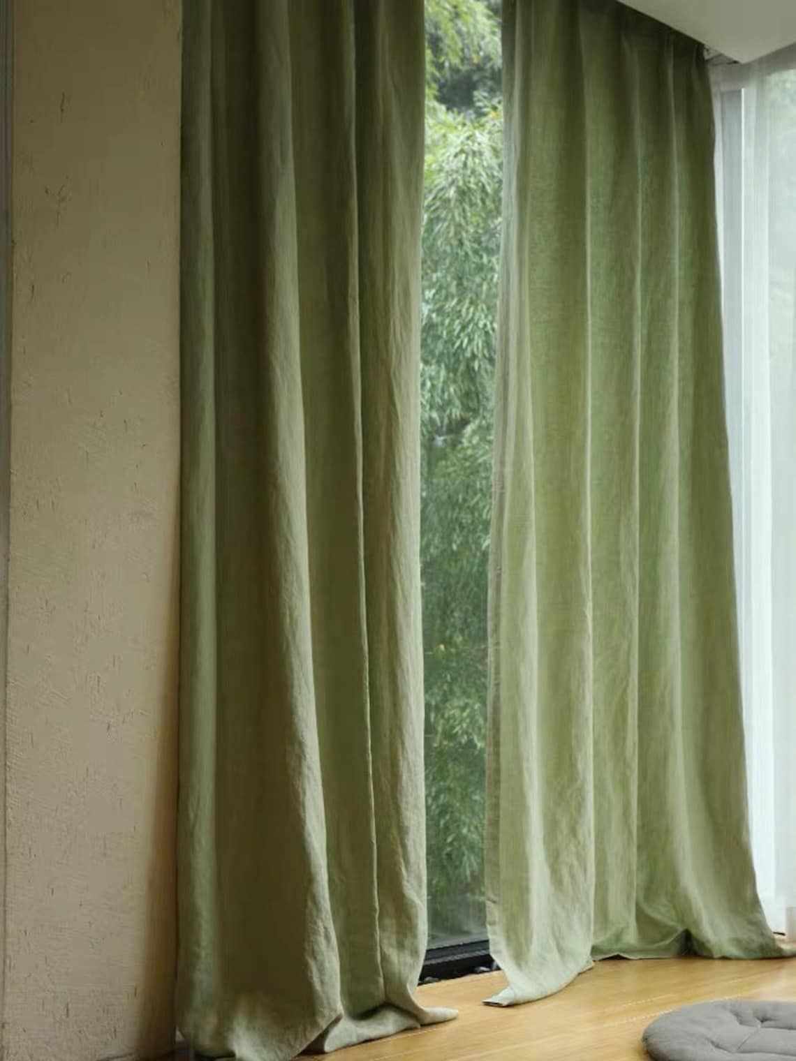 Green Japandi Linen Curtain Long Japandi Minimalism Etsy