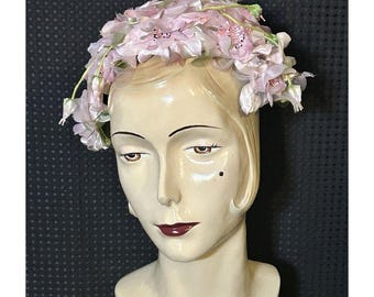 Vintage Hat/Cap/Half Hat, Fascinator, Millinery Flowers, Pink Straw - 1950s