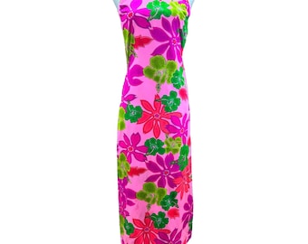 Vintage 60s 70s Pomare Tahiti Maxi Dress Hawaii Floral Bright Electric Colors