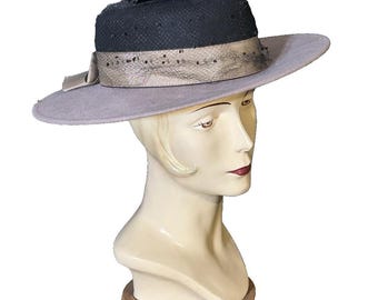 Vtg 40s Neiman Marcus Michael Howard Women's Lilac/Black Ribbon Bow Net Wool Hat