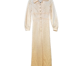 Vintage 70's Handmade Mod Quilted Jumpsuit Flare Leg Womens OOAK Cream Gold