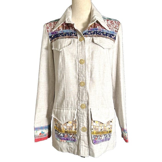 Vtg 70s Patchwork Button Down Shirt Colorful Pint… - image 2