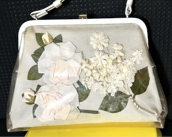 Bolso de mano vintage de los años 50 con cubierta de plástico transparente y flores de seda. ¡Precioso!