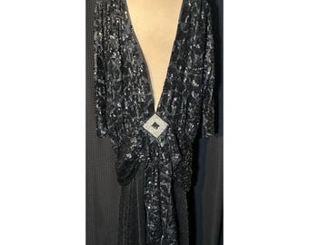 Vintage 1980s Black Sequin Evening Dress Plunging Back Hi-Lo Shoulder Pads
