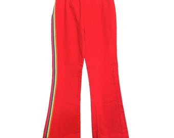 NEW Vintage Womens 70s Flare Jeans M Red Rainbow LA Connection USA Hippie Rare