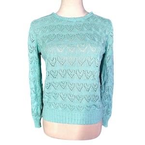 May include: A light turquoise sweater with a crew neck and long sleeves. The knitwear features a delicate openwork pattern, creating a textured, see-through effect. The cuffs and hem are ribbed. The sweater is displayed on a mannequin.