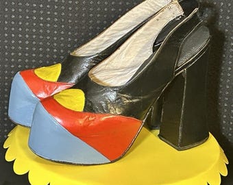 Zapatos de plataforma Nina vintage de los años 70, raros, color negro, rojo y azul, estilo disco, talla 8.5.