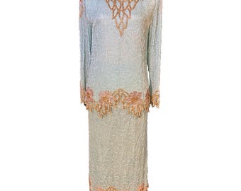 Vintage Tiffany Blue Silk Heavily Beaded Tunic & Skirt Nagpal