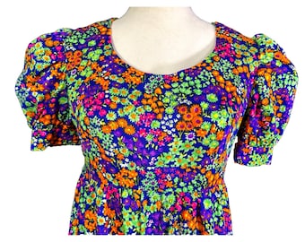 Vintage 70s Psychedelic Floral Maxi Dress Purple Orange Green Empire Waist Boho