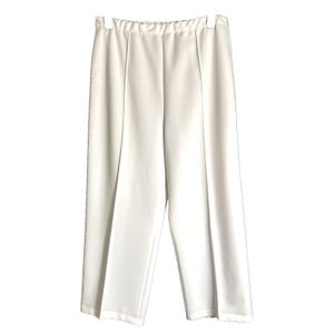 May include: White, cropped pants with a pleated front and elastic waistband. The pants are hanging on a white hanger against a white background. The fabric appears to be a lightweight material.